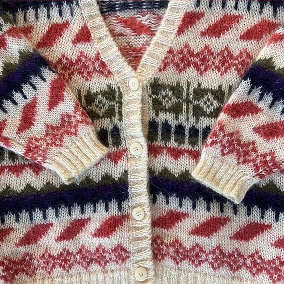 VTG 80s Knit Knit Mohair Sweater Cardigan Womens M Chunky Colorful Geometric - Picture 4 of 7